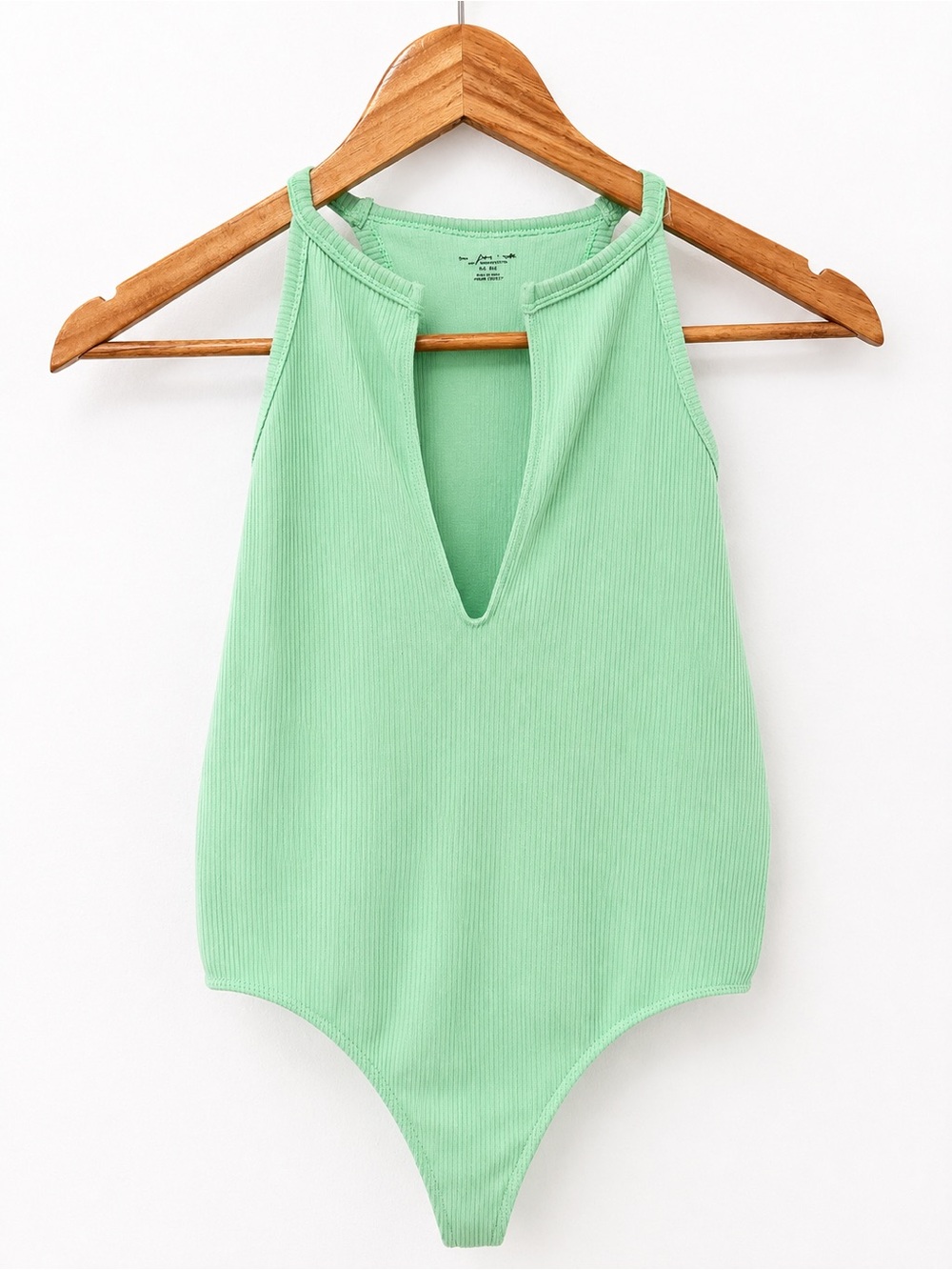 Free People Mint Green Ribbed Halter Bodysuit Plunge Neck Sleeveless Size M/L